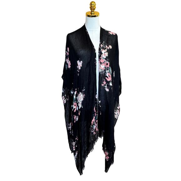 Black Floral Kimono ONE SIZE Open Coverup Boho Resort Vacation Scarf - Picture 1 of 6